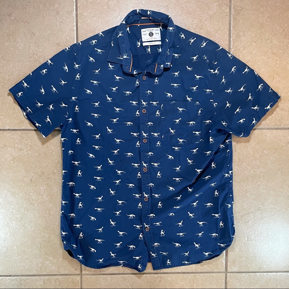 Large Denim & Flower Blue Dinosaur Button Up Shirt